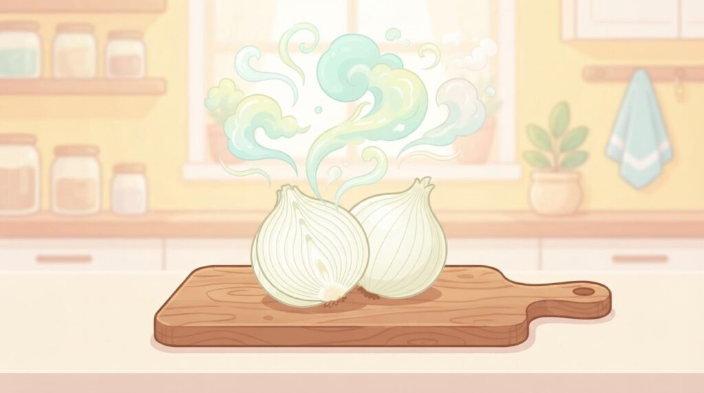 まな板の上に置かれた切りかけの玉ねぎのイラスト。玉ねぎの断面から薄い黄緑色のもや(ガス)がふわ〜っと立ちのぼっている。もやが目に見えるように可視化。かわいくて清潔感のあるフラットイラスト、明るいキッチン背景、パステルカラー