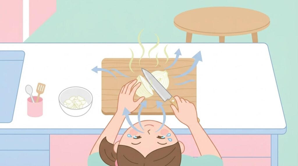 キッチンでまな板の玉ねぎを真上から覗き込んで切っている人物のイラスト。玉ねぎから立ちのぼる薄い黄緑色のもや(ガス)が、人物の呼吸とともに顔・鼻に向かって吸い込まれている様子を矢印で表現。目が少し潤んでいる表情。わかりやすいフラットイラスト、パステルカラー、清潔感のあるキッチン